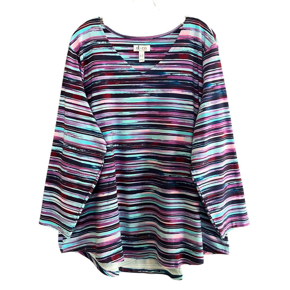 Denim + Company Top V-Neck Abstract Stripe Stretchy Pullover 3X d&co.